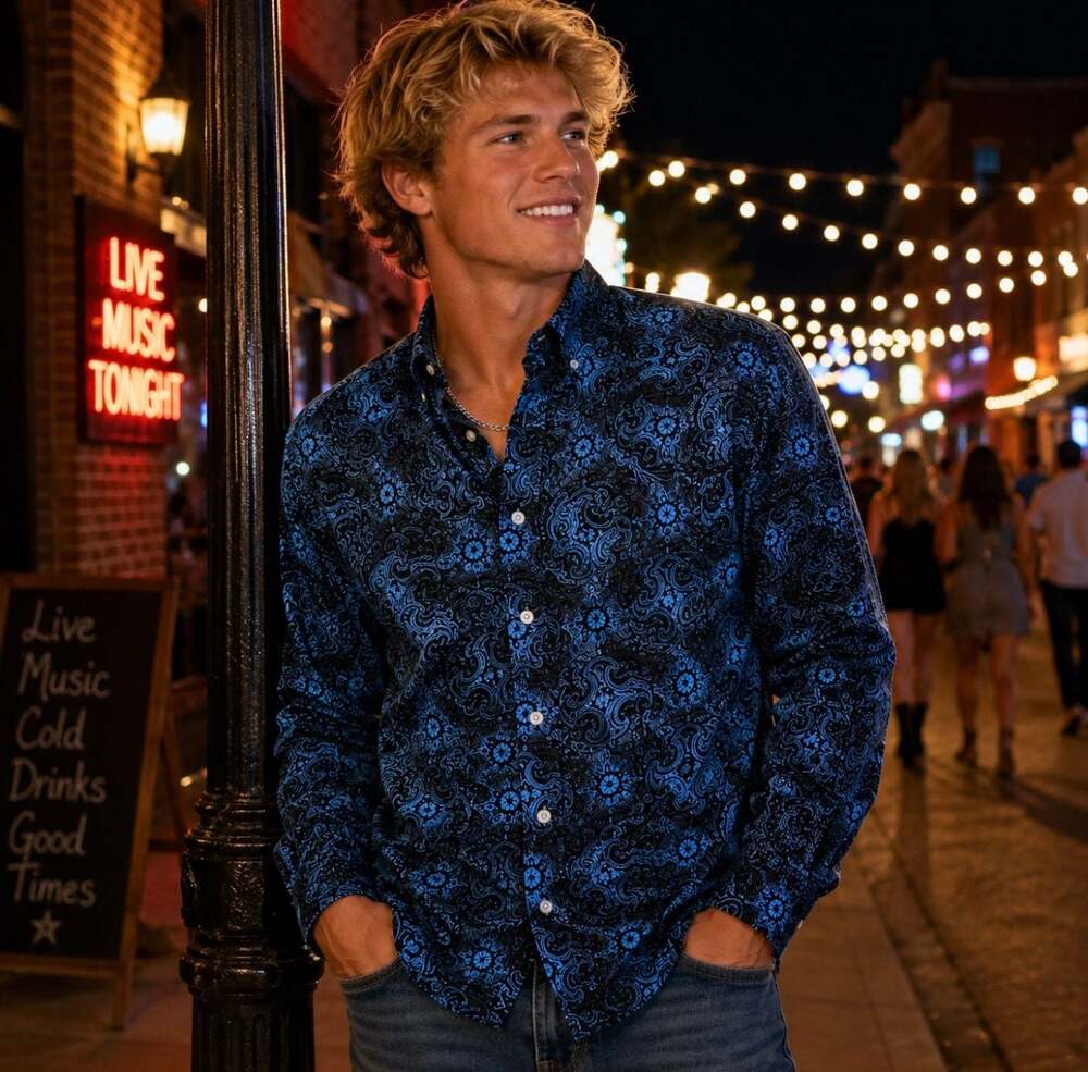 PANHANDLE Men’s Small Blue Black Paisley Western Button Down Shirt